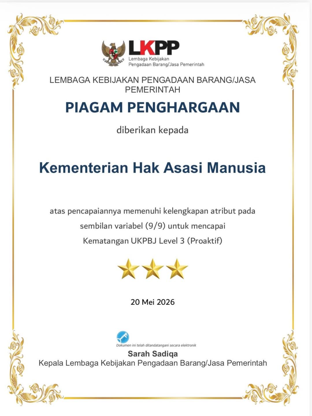 Kementerian HAM Raih Penghargaan UKPBJ Proaktif Level 3 dari LKPP