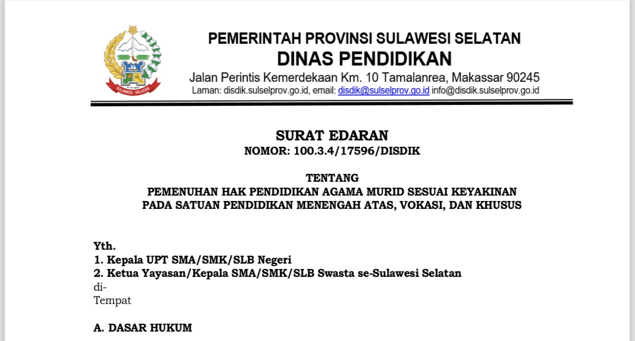 Dinas Pendidikan Sulsel Keluarkan Edaran Wajibkan Pemenuhan Pendidikan Agama Sesuai Keyakinan Murid