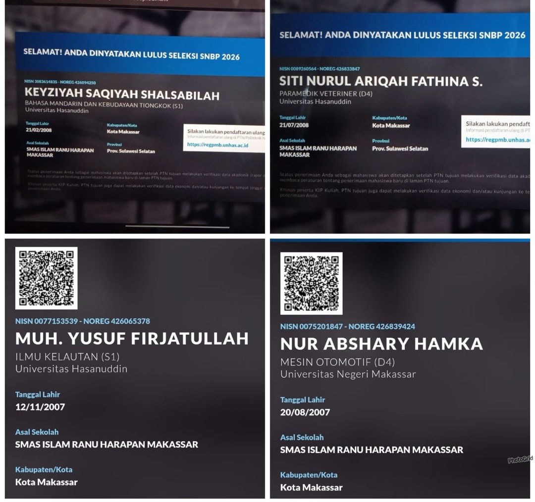 Empat Siswa SMAS Islam Ranu Harapan Makassar Lulus SNBP 2026