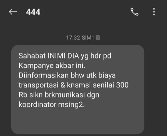 Pasca Kampanye Akbar INIMI DIA, Beredar SMS Blast Berisi Kabar Bohong Terkait Transport dan Konsumsi Relawan