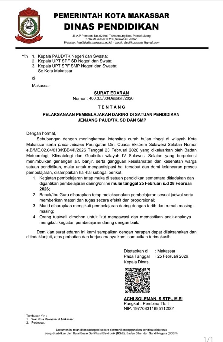 Cuaca Ekstrem, Disdik Makassar Terbitkan SE Sekolah PAUD hingga SMP Belajar Daring 