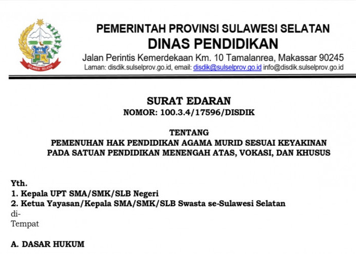 Dinas Pendidikan Sulsel Keluarkan Edaran Wajibkan Pemenuhan Pendidikan Agama Sesuai Keyakinan Murid