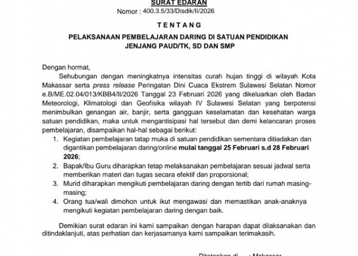Cuaca Ekstrem, Disdik Makassar Terbitkan SE Sekolah PAUD hingga SMP Belajar Daring 